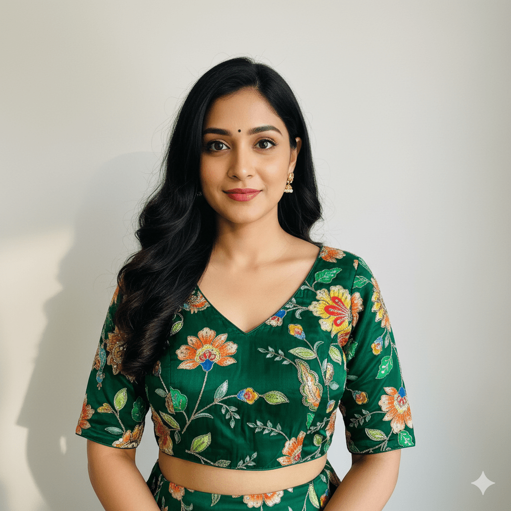 Green Viscose Crepe Blouse with Handcrafted Embroidery & Mid - Length Sleeves (Free Size 32–40) - swadeshsouq.com