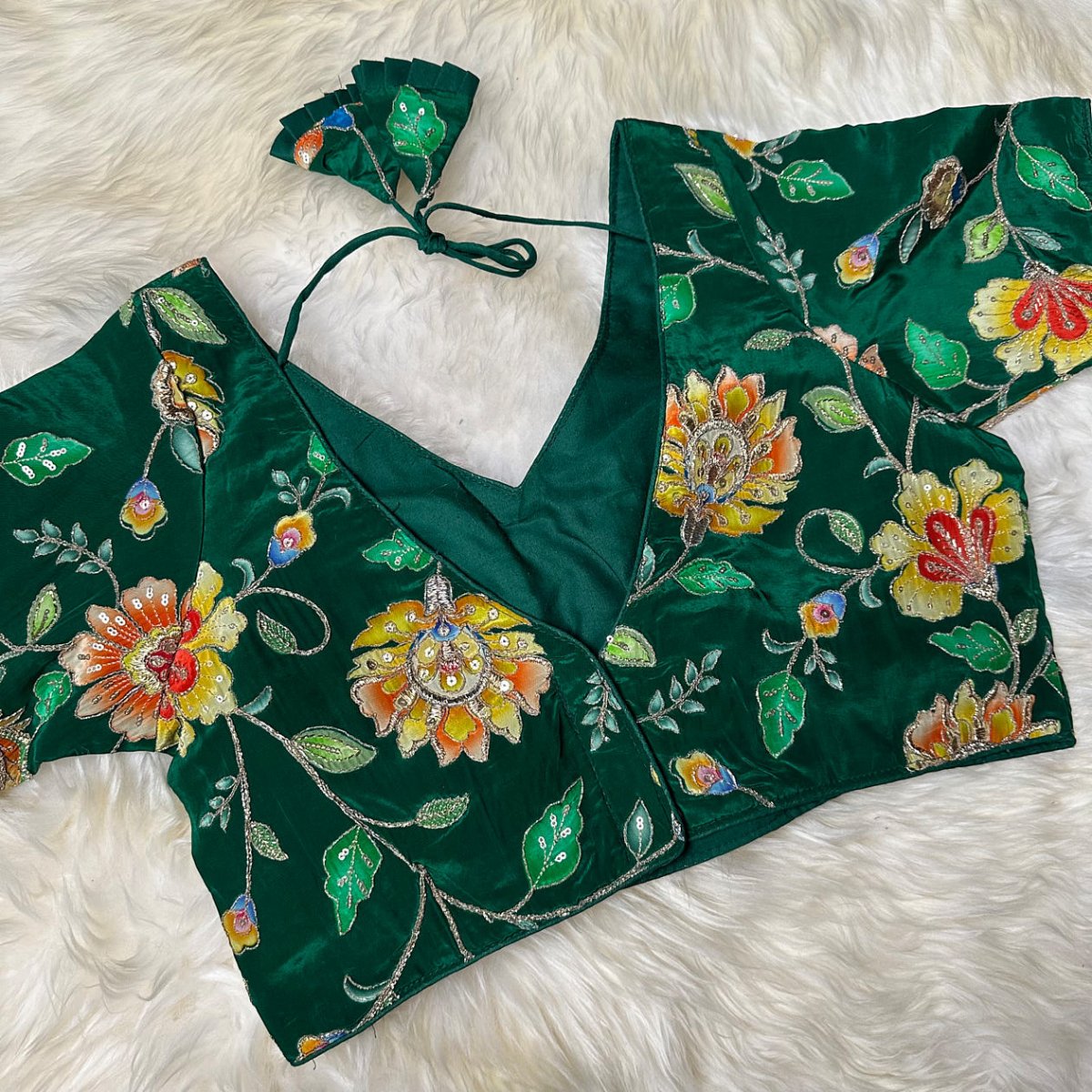 Green Viscose Crepe Blouse with Handcrafted Embroidery & Mid - Length Sleeves (Free Size 32–40) - swadeshsouq.com