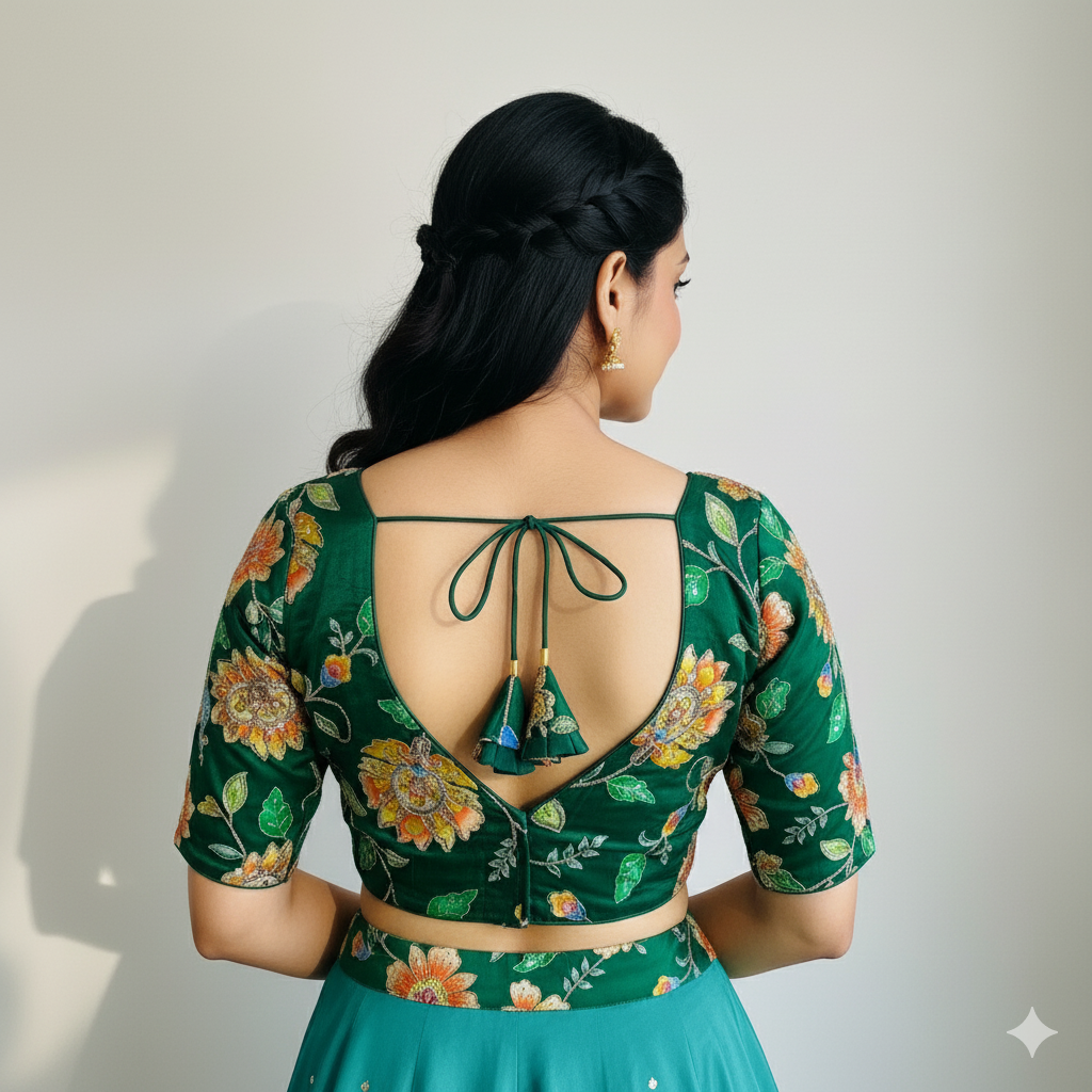 Green Viscose Crepe Blouse with Handcrafted Embroidery & Mid-Length Sleeves (Free Size 32–40)