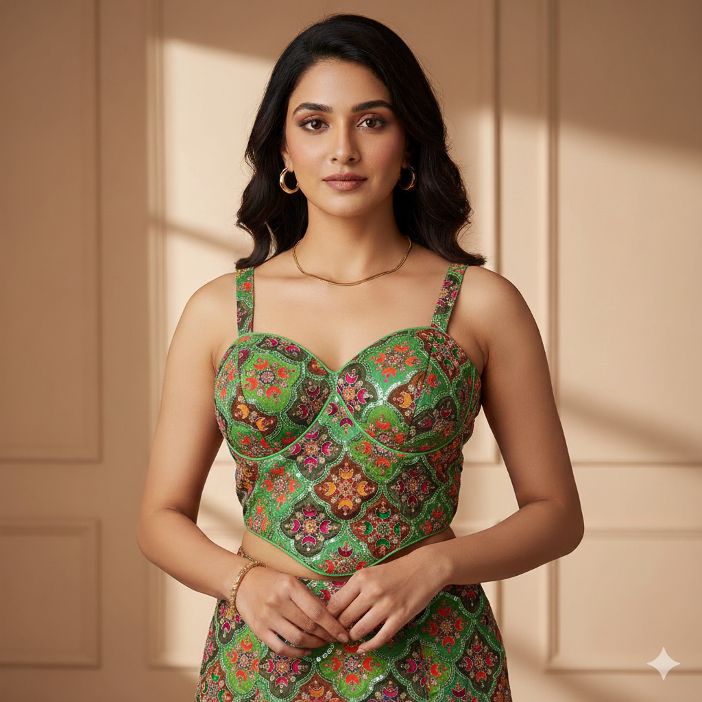 Elegant Multi-Colour Sequined Viscose Crepe Blouse with Green Base – Sleeveless, Size 32-40