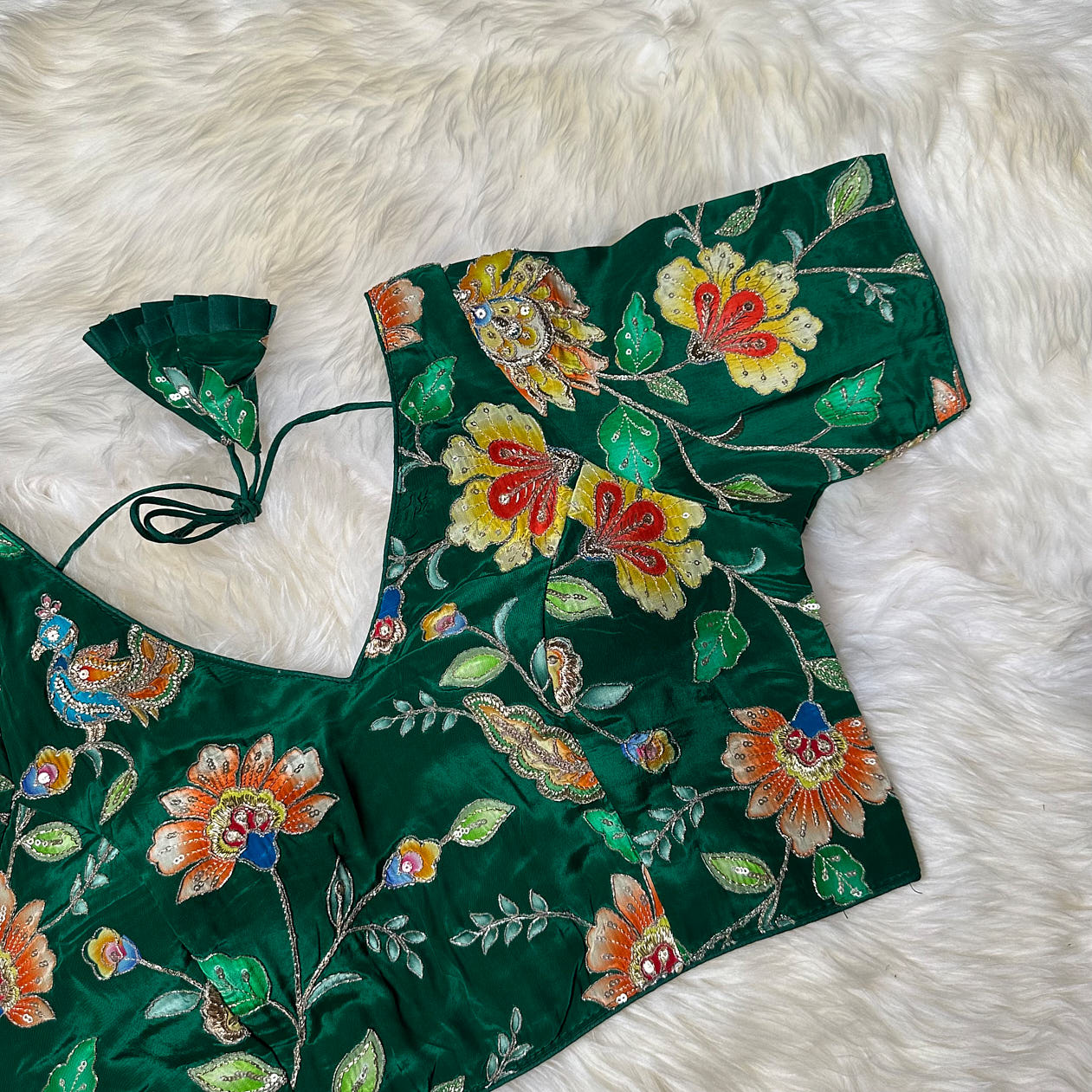 Green Viscose Crepe Blouse with Handcrafted Embroidery & Mid-Length Sleeves (Free Size 32–40)