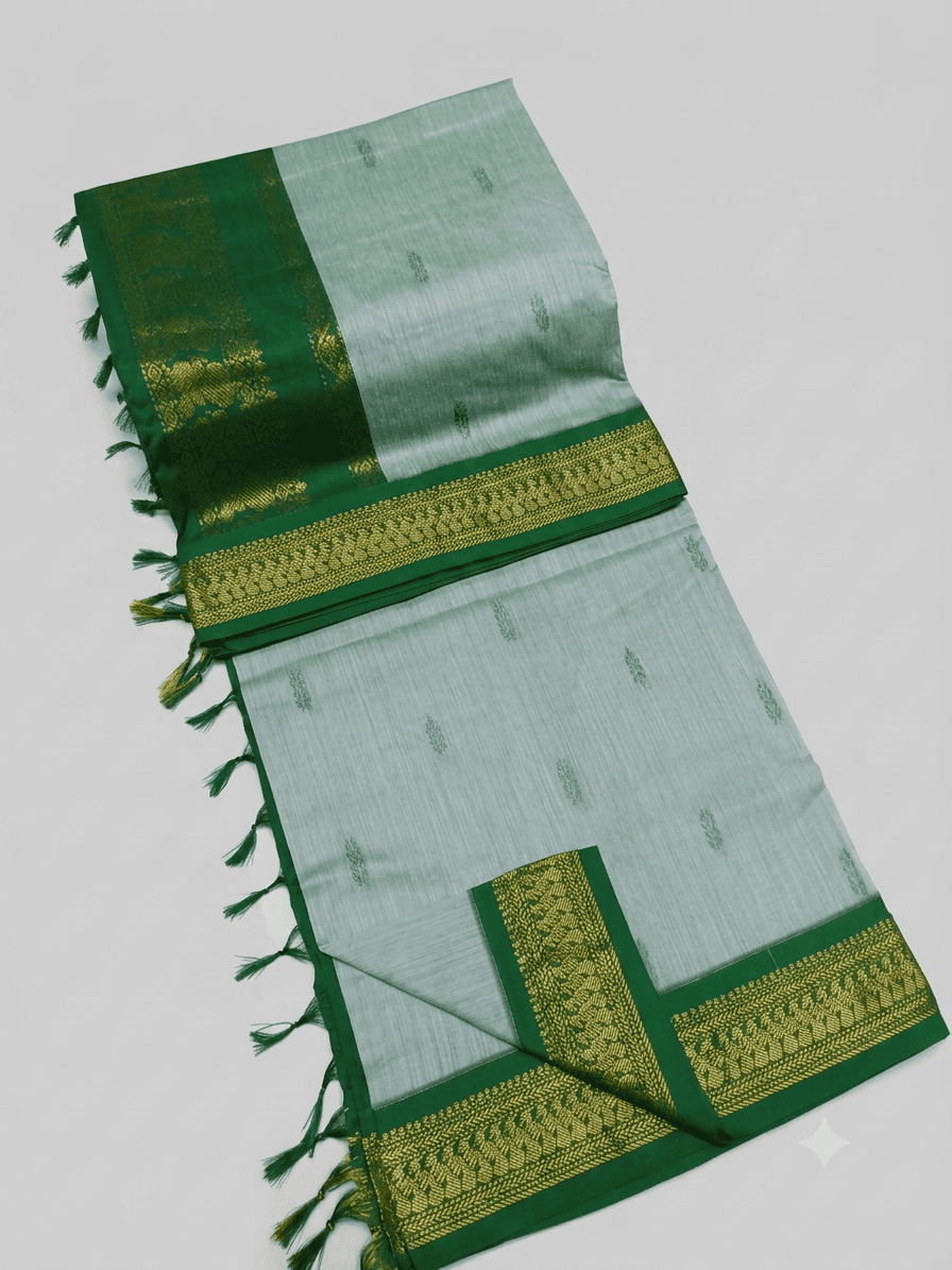 Elegant Pastel Green & Green Kalyani Silk Cotton Saree with Peacock Zari Border & Elegant Buttis