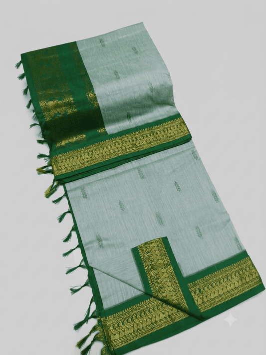 Elegant Pastel Green & Green Kalyani Silk Cotton Saree with Peacock Zari Border & Elegant Buttis