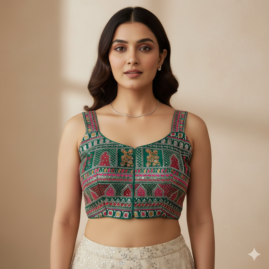 Elegant Green Georgette Embroidered Blouse – Rajasthani Style Elegance