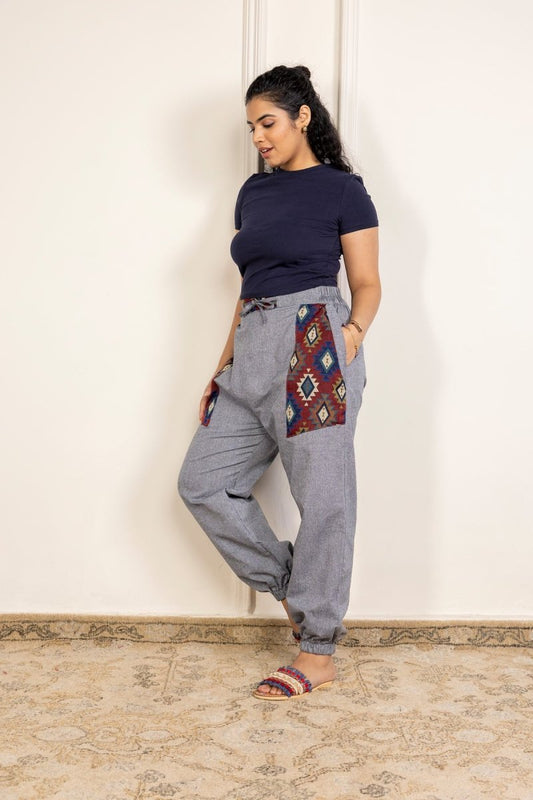 Grey Pure Cotton Pyjamas with Beautiful Patchwork – Free Size, Regular Fit Lounge Wear - swadeshsouq.com