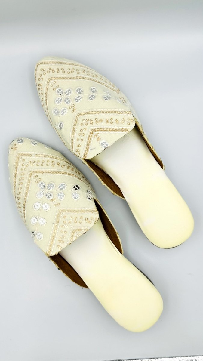 Handcrafted Beige Embroidered Mirror Work Slip - On Sandals for Women – Ethnic & Stylish Footwear - swadeshsouq.com