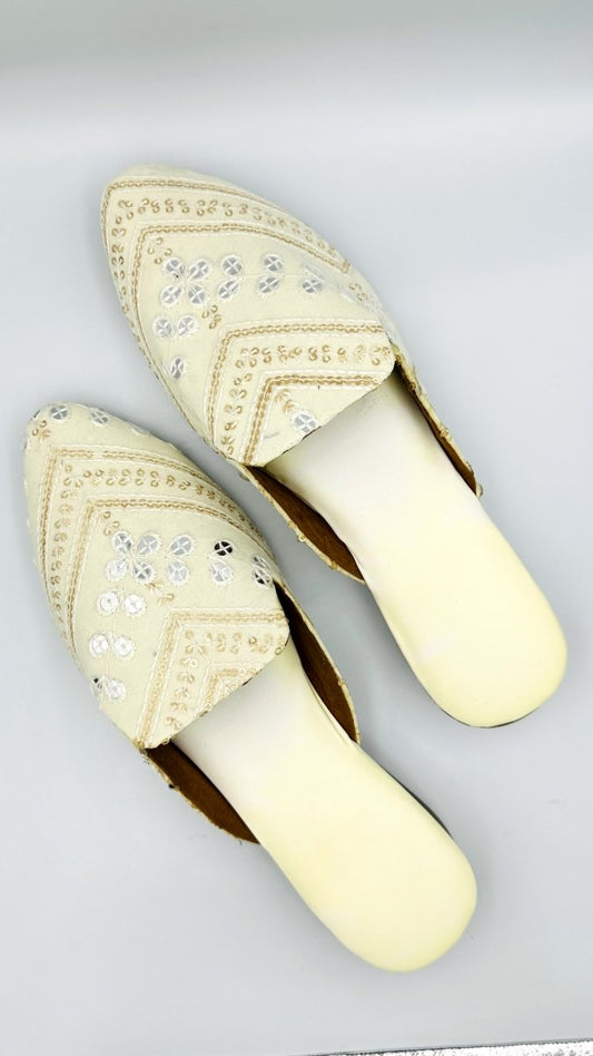 Handcrafted Beige Embroidered Mirror Work Slip - On Sandals for Women – Ethnic & Stylish Footwear - swadeshsouq.com