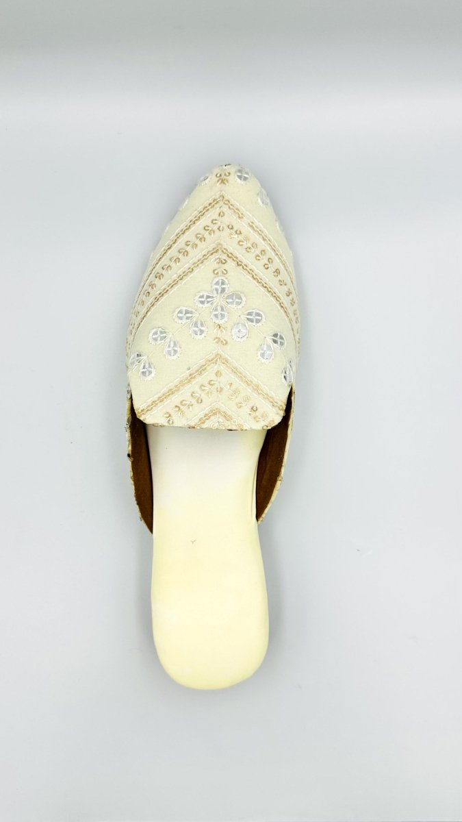 Handcrafted Beige Embroidered Mirror Work Slip - On Sandals for Women – Ethnic & Stylish Footwear - swadeshsouq.com