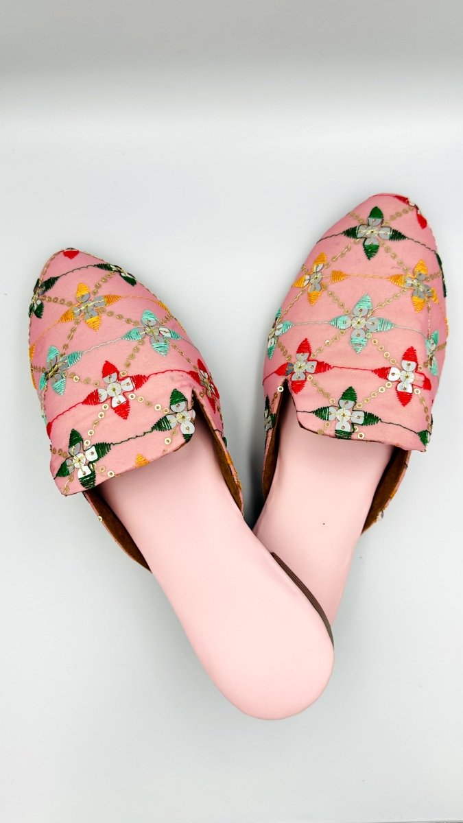 Handcrafted Pastel Multicolor Embroidered Mirror Work Slip - On Sandals – Ethnic Footwear for Women - swadeshsouq.com