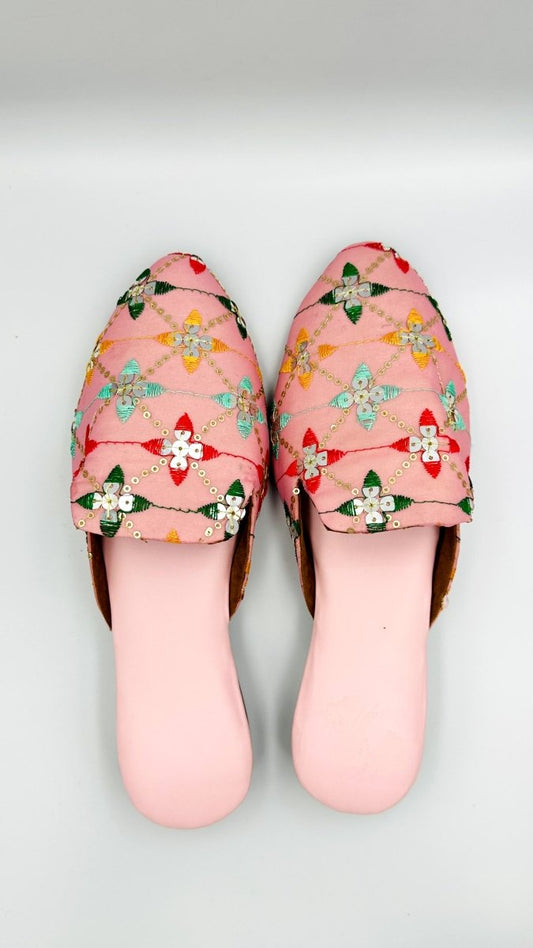Handcrafted Pastel Multicolor Embroidered Mirror Work Slip - On Sandals – Ethnic Footwear for Women - swadeshsouq.com