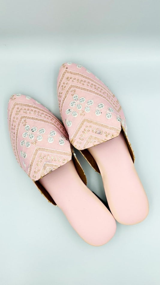 Handcrafted Pink Embroidered Mirror Work Slip - On Sandals for Women – Ethnic & Stylish Footwear - swadeshsouq.com