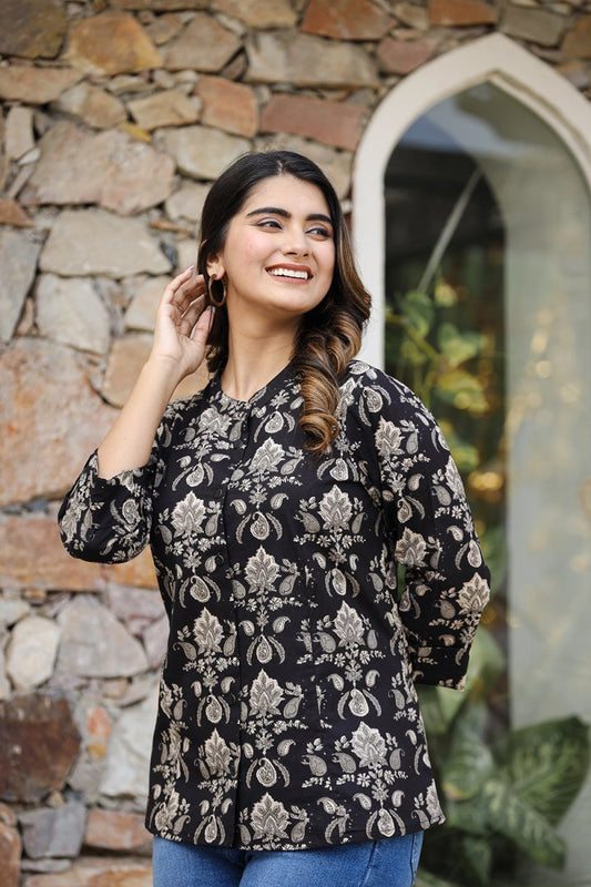 Heritage Vibe Black Ethnic Motif Printed Cotton Top - swadeshsouq.com