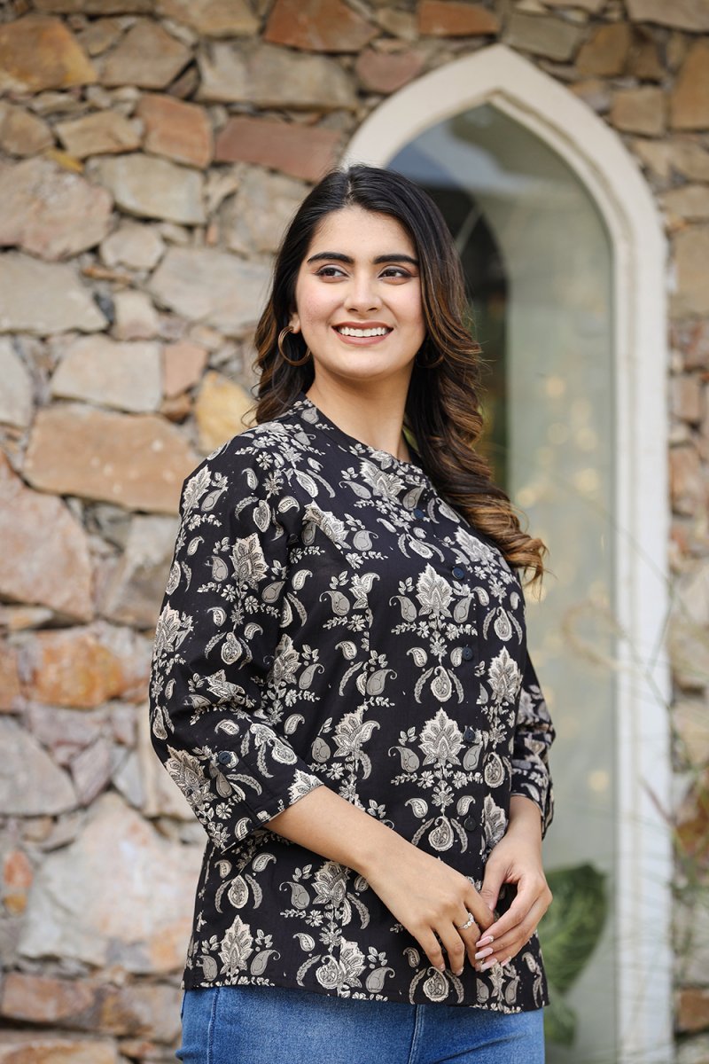 Heritage Vibe Black Ethnic Motif Printed Cotton Top - swadeshsouq.com