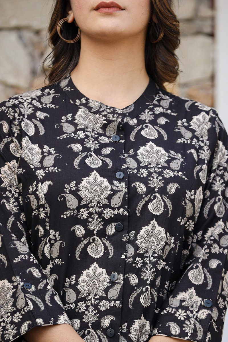 Heritage Vibe Black Ethnic Motif Printed Cotton Top - swadeshsouq.com