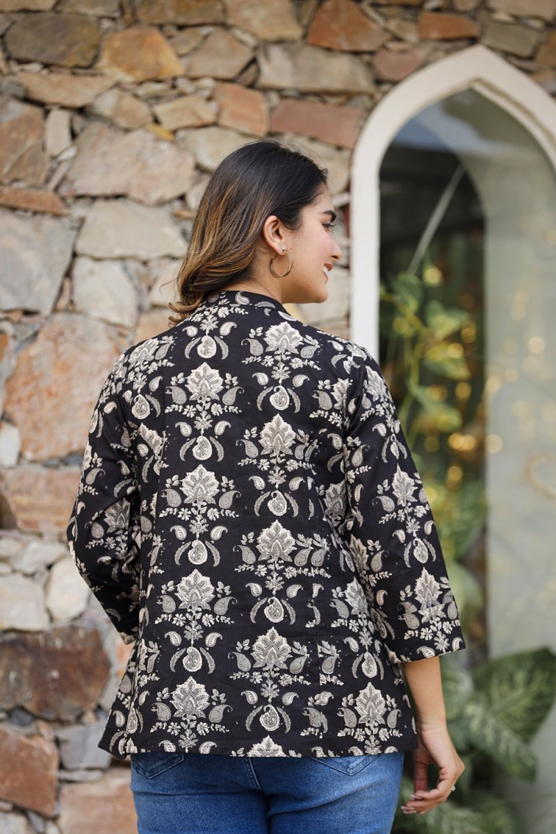 Heritage Vibe Black Ethnic Motif Printed Cotton Top - swadeshsouq.com