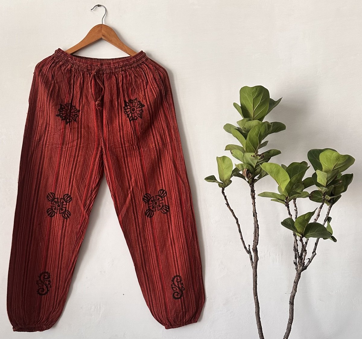 Rust Red Balloon Fit Cotton Pants | Hand-Dyed Natural Cotton Pants with Unique Printed Patterns