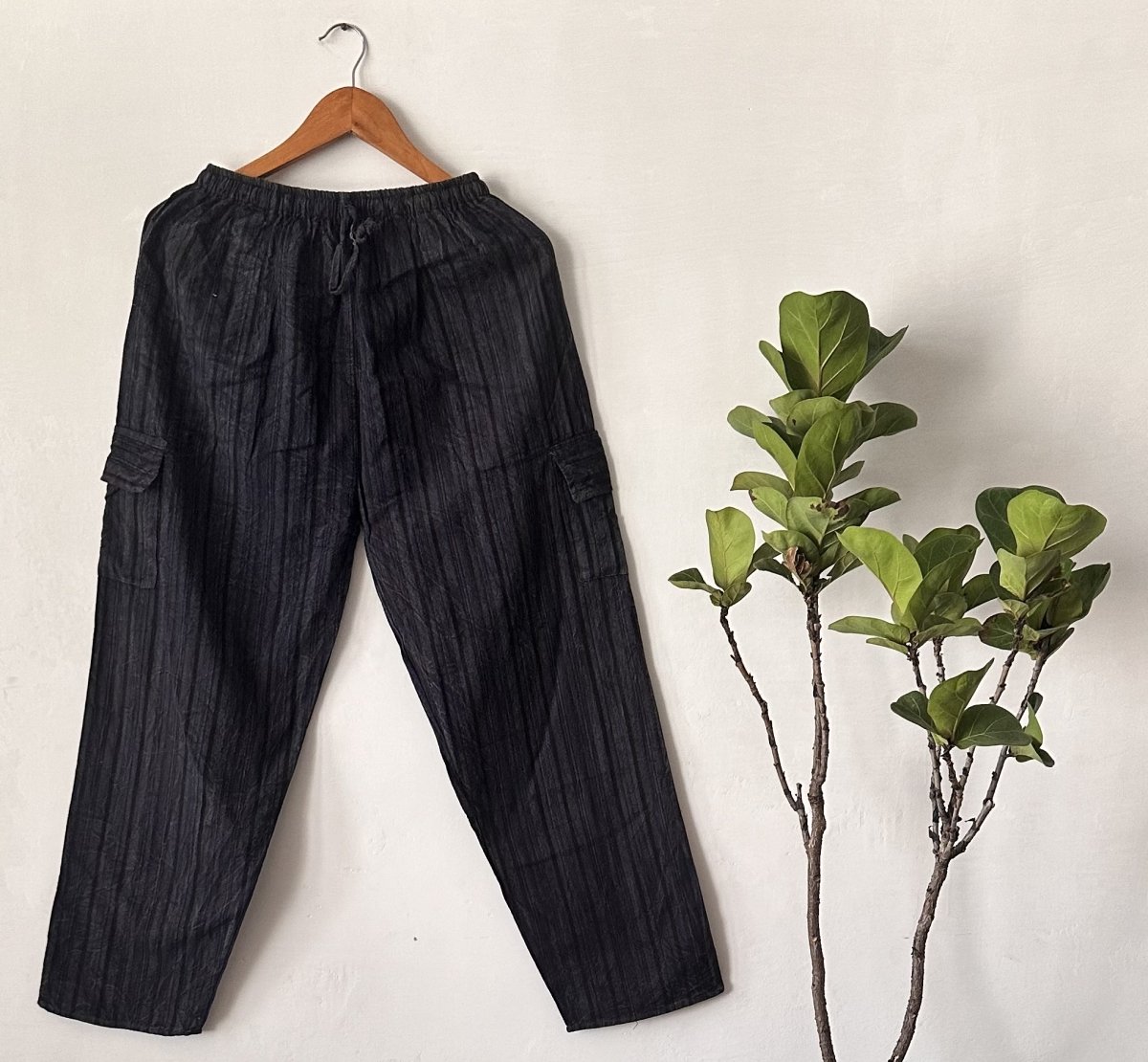 Charcoal Black Striped Cotton Pyjama Pants | Naturally Dyed Relaxed Fit with Utility Pockets