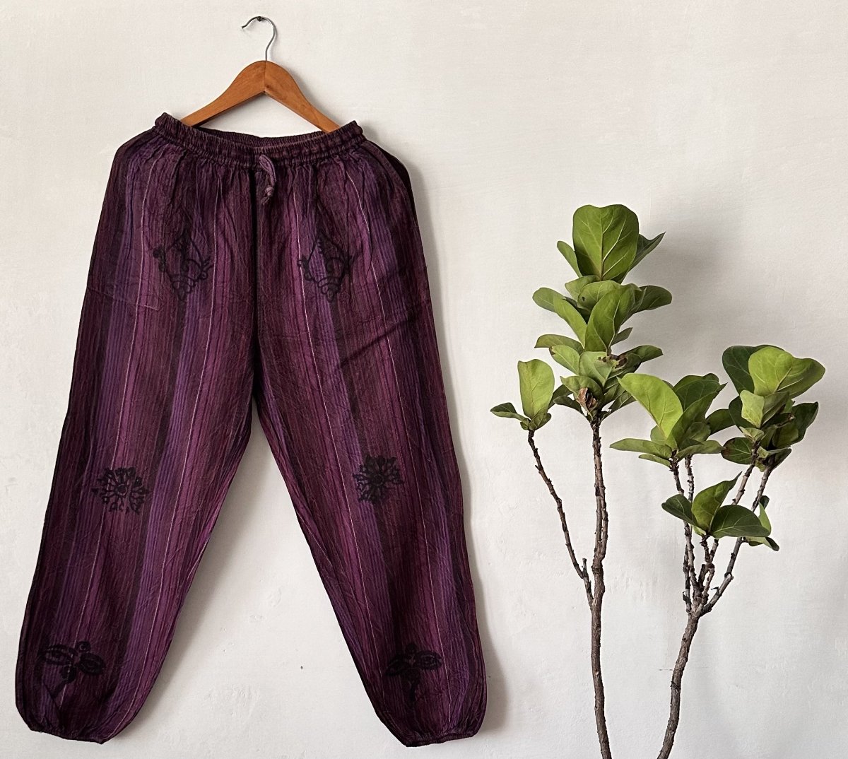 Plum Purple Balloon Fit Cotton Pants | Hand-Dyed with Natural Dyes and Artistic Printed Accents