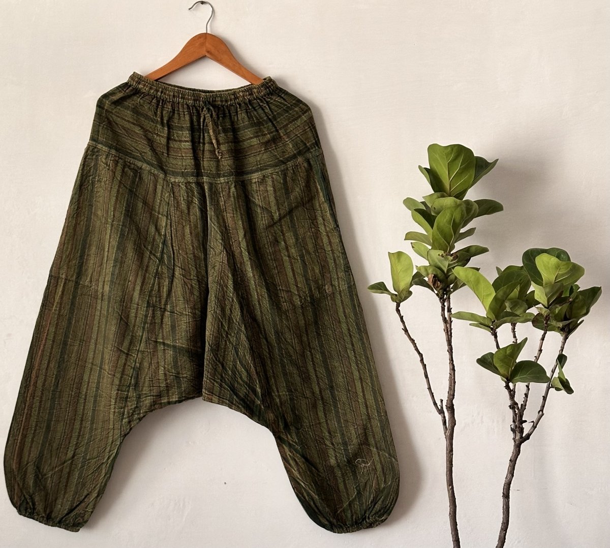 Olive Green Striped Harem Pants | Soft Cotton with Relaxed Fit for Everyday Comfort