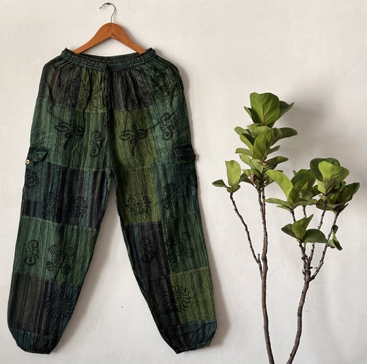 Patchwork Green Balloon Fit Cotton Pants | Hand-Dyed Natural Cotton with Artistic Tribal Prints