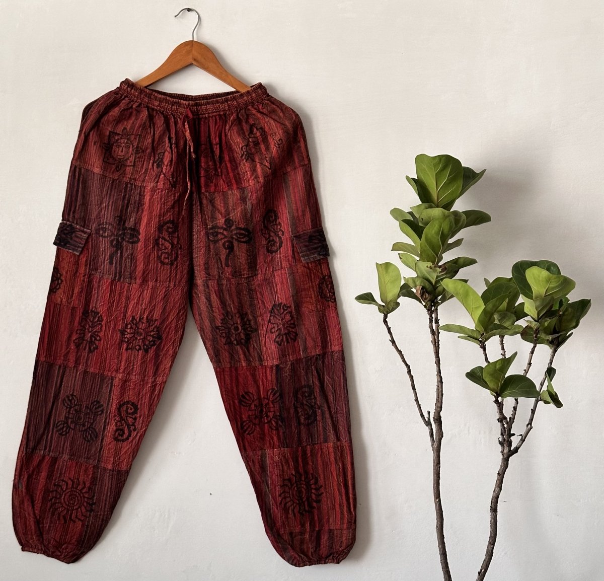 Patchwork Red Balloon Fit Cotton Pants | Hand-Dyed Natural Cotton with Tribal-Inspired Prints