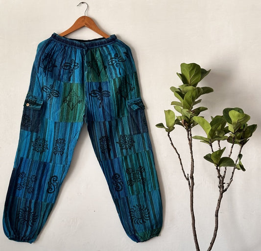 Blue-Green Patchwork Balloon Fit Cotton Pants | Naturally Dyed with Tribal-Inspired Prints