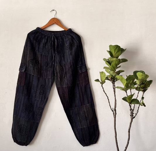 Midnight Patchwork Cotton Balloon Pants | Naturally Dyed with Subtle Artistic Patterns