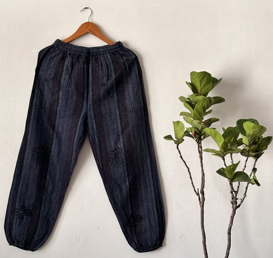 Dark Charcoal Striped Balloon Pants | Pure Cotton with Hand-Dyed Tribal Motifs