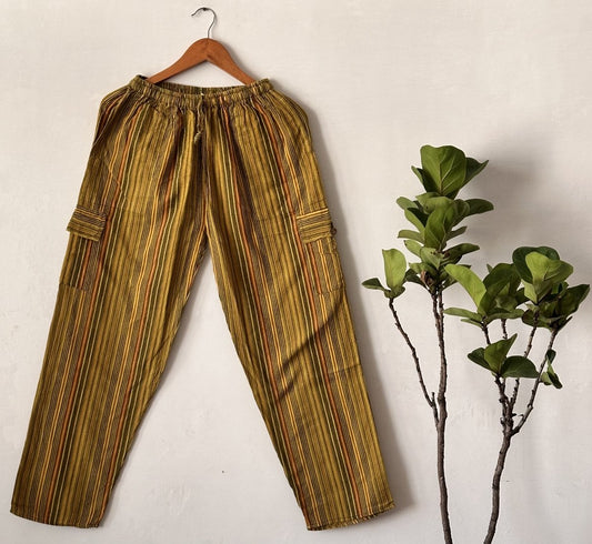 Mustard Yellow Striped Cotton Pyjama Pants | Naturally Dyed Relaxed Fit with Utility Pockets