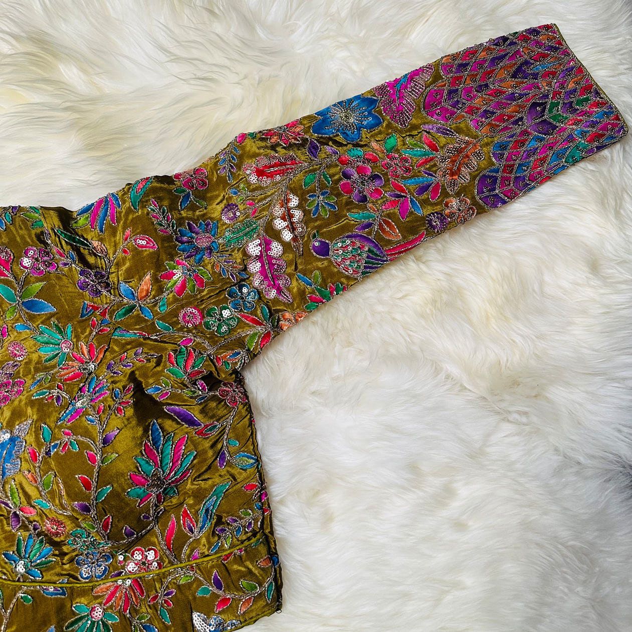 Elegant Olive Green Pure Crepe Blouse with Multicolour Appliqué & Sequins – Full Sleeves, Luxury Party Wear