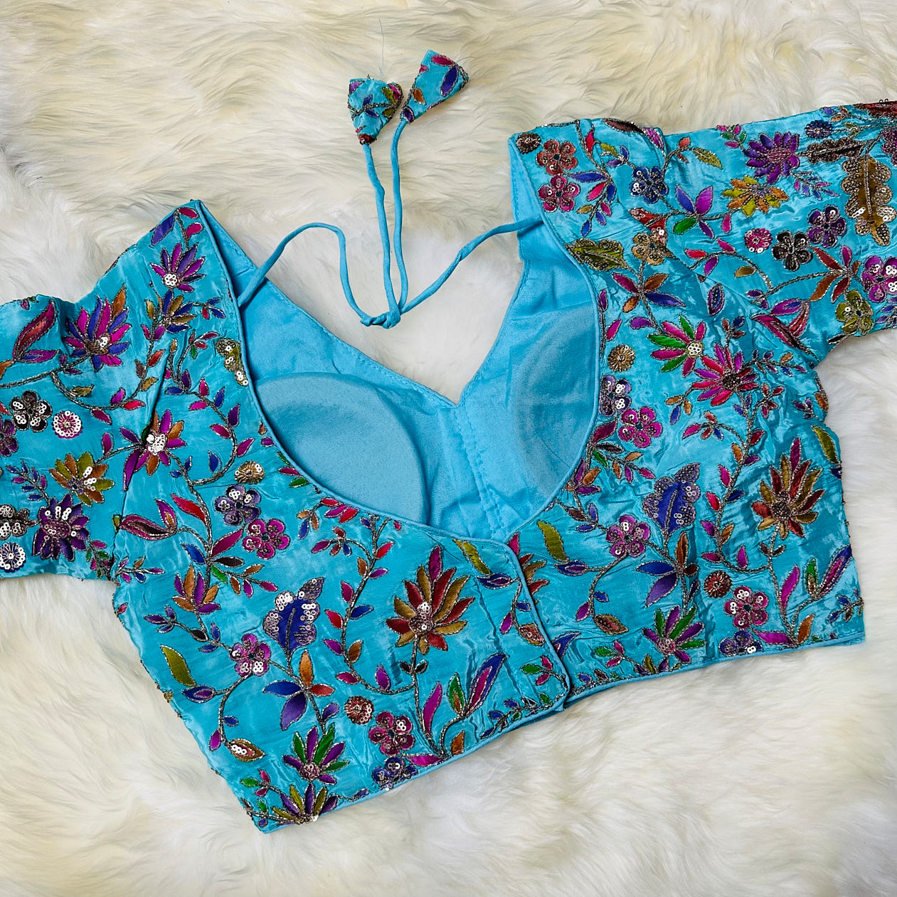 Luxury Sea Blue Pure Crepe Blouse with Multicolour Appliqué & Sequins – Full Sleeves, Party Wear