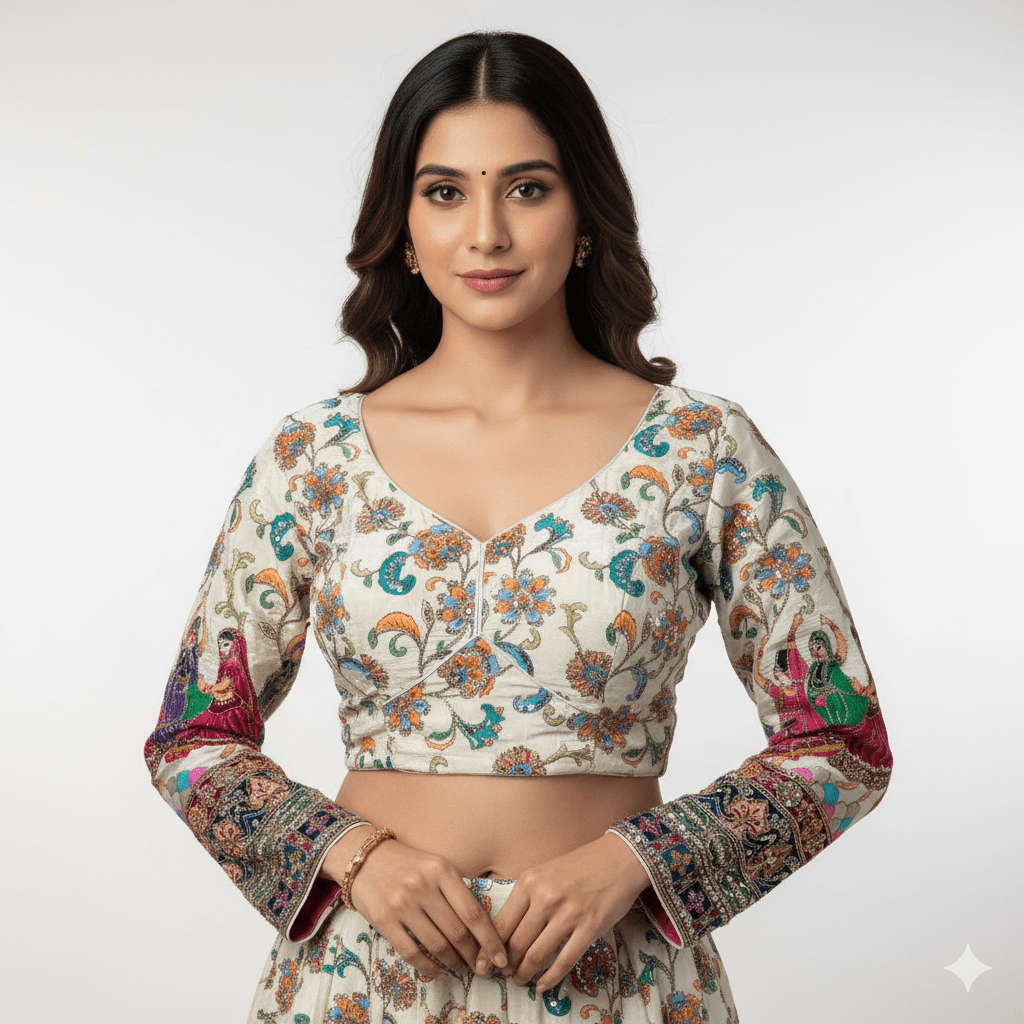 Ivory Crepe Designer Blouse with Multicolour Appliqué Work, Full Embroidered Sleeves & Sequins Detailing (Size 32–40) - swadeshsouq.com