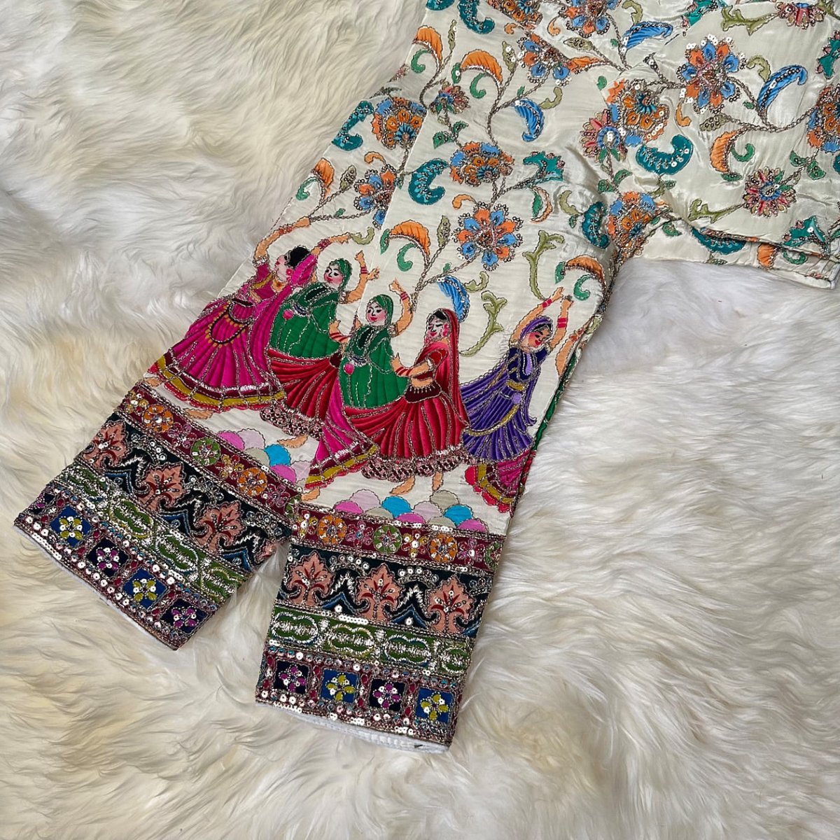 Ivory Crepe Designer Blouse with Multicolour Appliqué Work, Full Embroidered Sleeves & Sequins Detailing (Size 32–40) - swadeshsouq.com