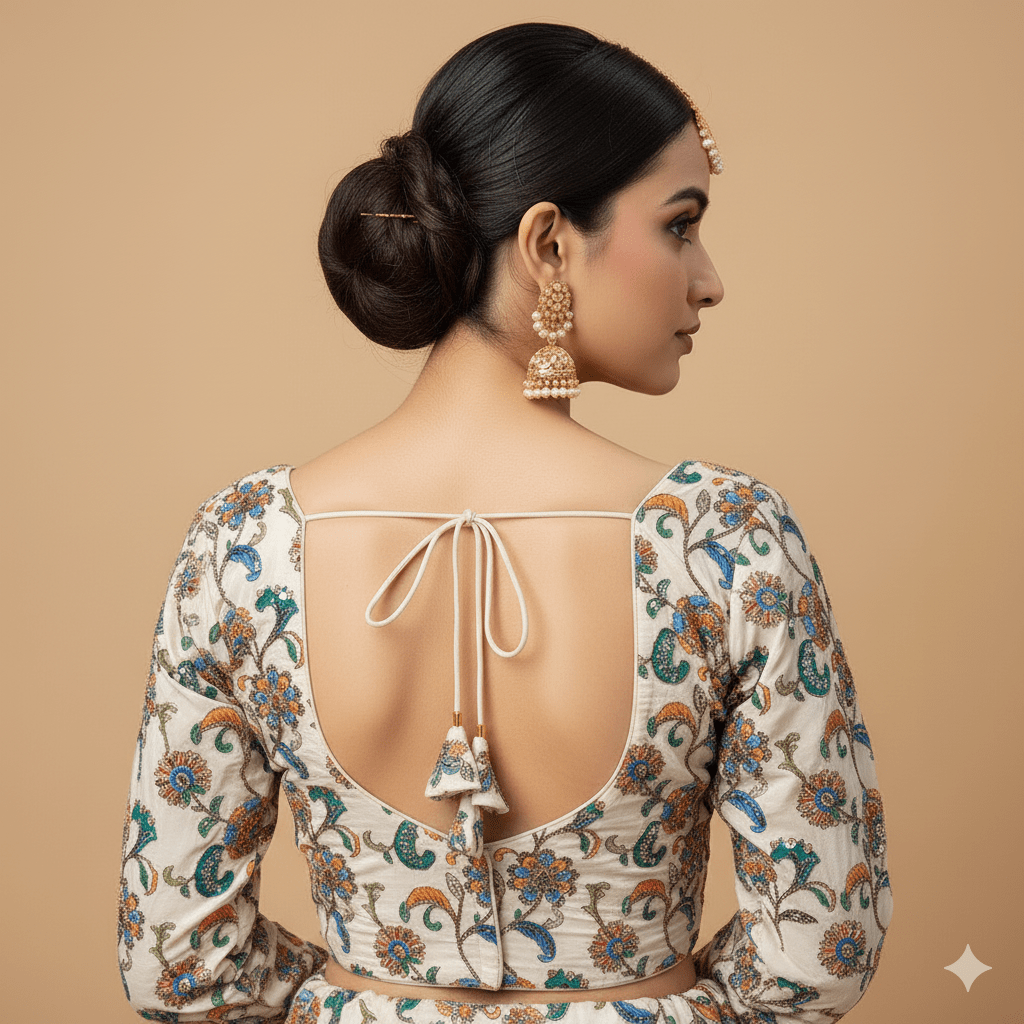 Ivory Crepe Designer Blouse with Multicolour Appliqué Work, Full Embroidered Sleeves & Sequins Detailing (Size 32–40) - swadeshsouq.com