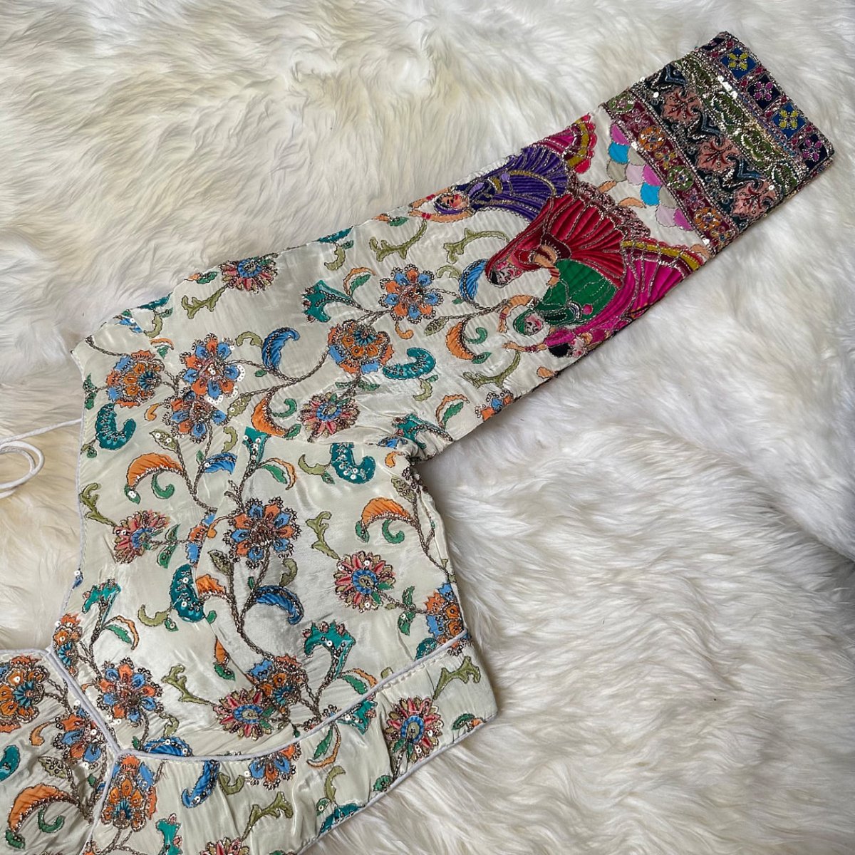 Ivory Crepe Designer Blouse with Multicolour Appliqué Work, Full Embroidered Sleeves & Sequins Detailing (Size 32–40) - swadeshsouq.com