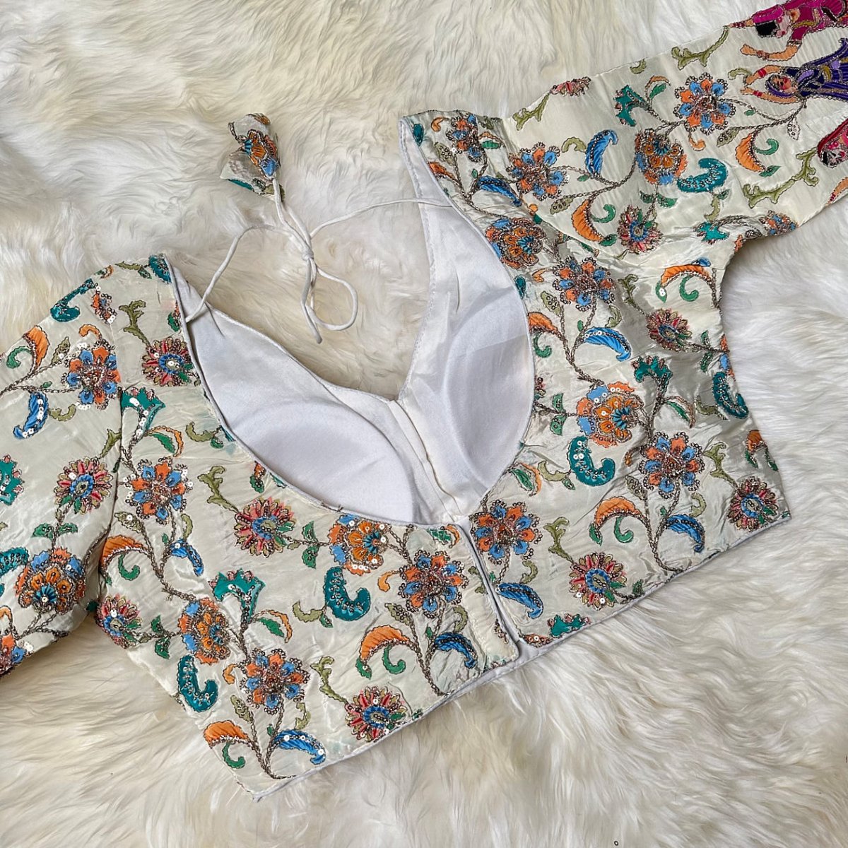 Ivory Crepe Designer Blouse with Multicolour Appliqué Work, Full Embroidered Sleeves & Sequins Detailing (Size 32–40) - swadeshsouq.com