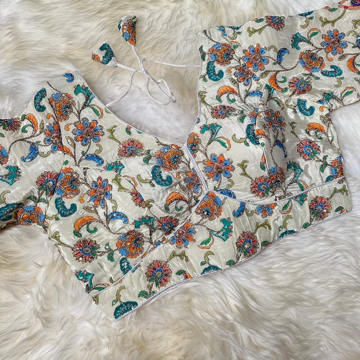 Ivory Crepe Designer Blouse with Multicolour Appliqué Work, Full Embroidered Sleeves & Sequins Detailing (Size 32–40) - swadeshsouq.com