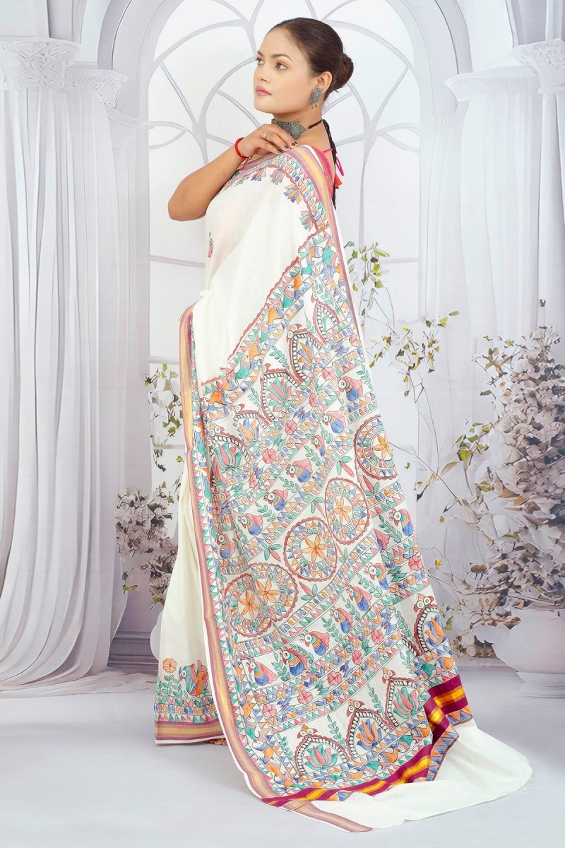 Ivory Elegance – Madhubani Art Hand - Painted Kerala Cotton Saree with Vibrant Floral Narratives - swadeshsouq.com