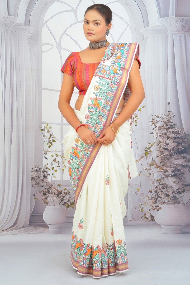 Ivory Elegance – Madhubani Art Hand - Painted Kerala Cotton Saree with Vibrant Floral Narratives - swadeshsouq.com