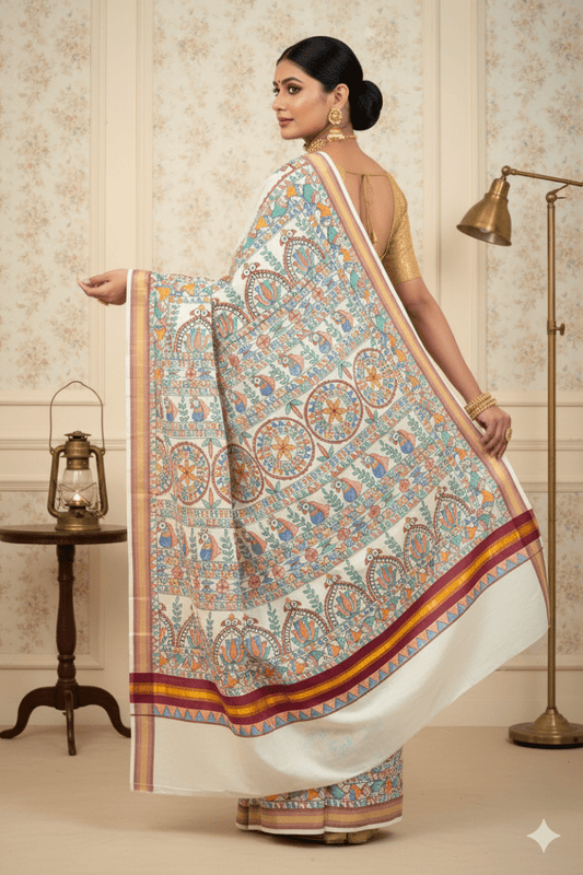 Ivory Elegance – Madhubani Art Hand - Painted Kerala Cotton Saree with Vibrant Floral Narratives - swadeshsouq.com