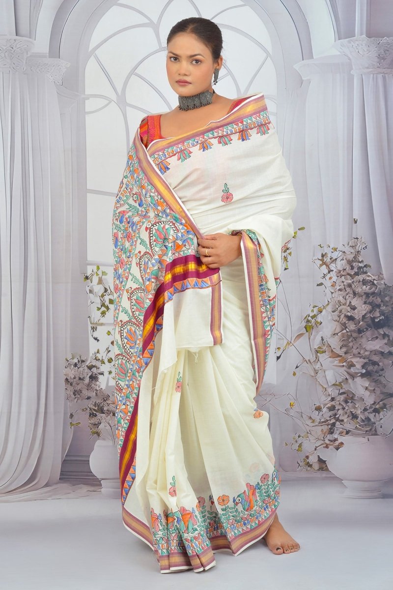 Ivory Elegance – Madhubani Art Hand - Painted Kerala Cotton Saree with Vibrant Floral Narratives - swadeshsouq.com