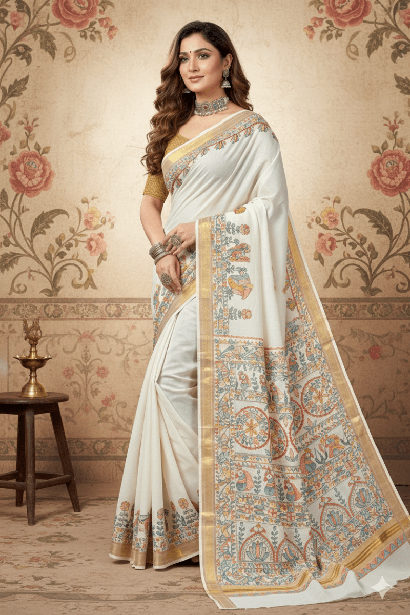 Ivory Elegance – Madhubani Art Hand - Painted Kerala Cotton Saree with Vibrant Floral Narratives - swadeshsouq.com