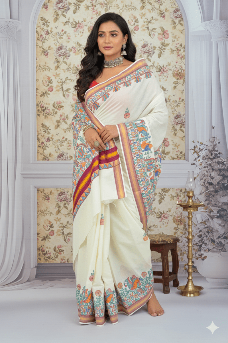 Ivory Elegance – Madhubani Art Hand - Painted Kerala Cotton Saree with Vibrant Floral Narratives - swadeshsouq.com