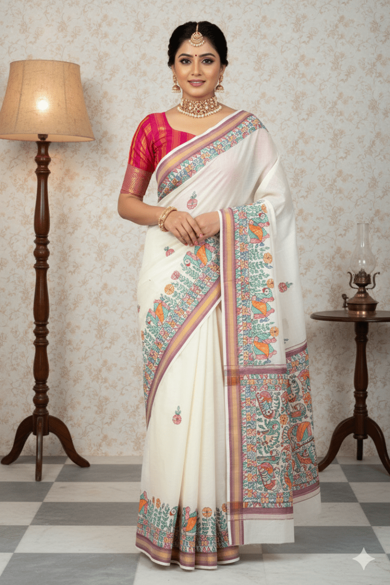 Ivory Elegance – Madhubani Art Hand - Painted Kerala Cotton Saree with Vibrant Floral Narratives - swadeshsouq.com