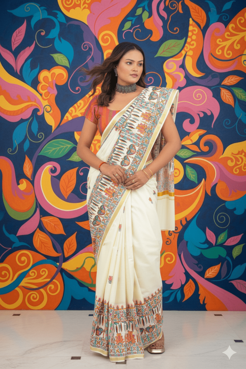 Ivory Elegance Madhubani Hand - Painted Kerala Cotton Saree – Divine Maa Durga Motif with Lotus Buttis - swadeshsouq.com