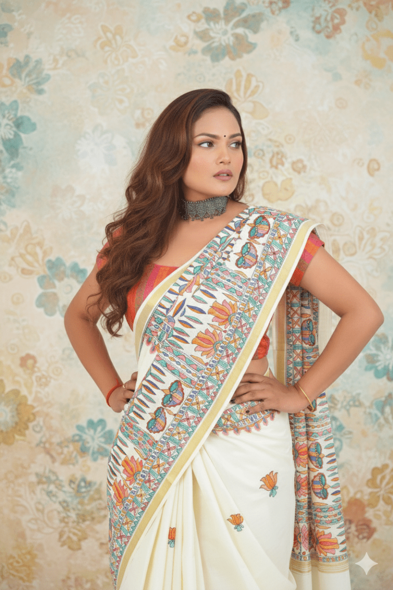 Ivory Elegance Madhubani Hand - Painted Kerala Cotton Saree – Divine Maa Durga Motif with Lotus Buttis - swadeshsouq.com