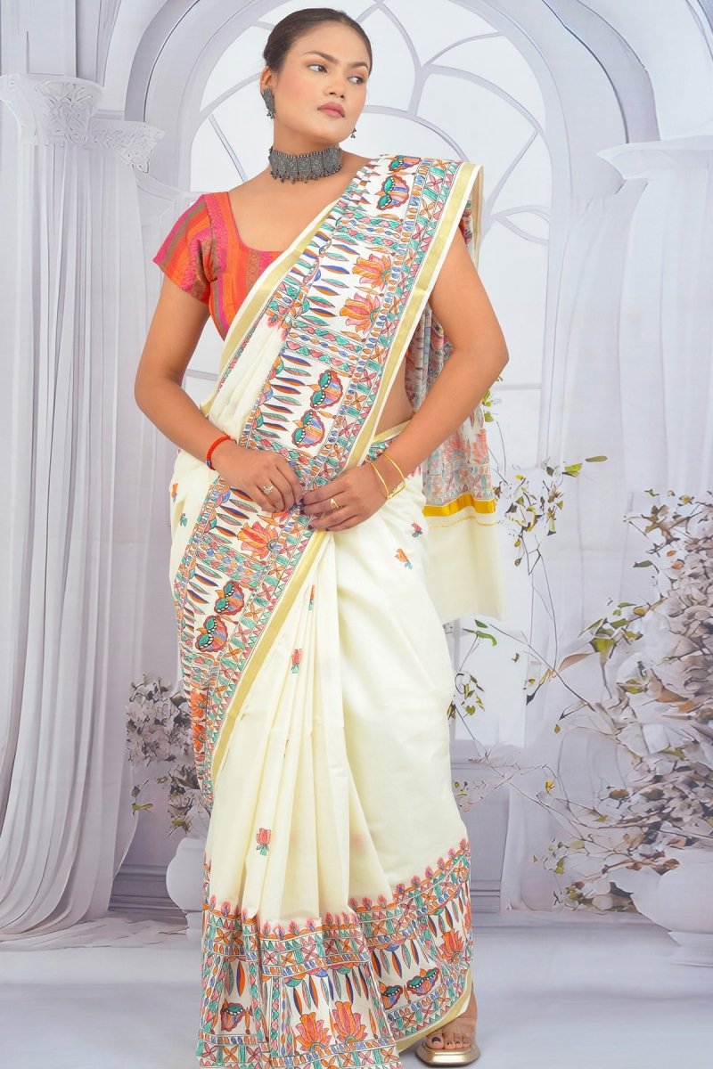 Ivory Elegance Madhubani Hand - Painted Kerala Cotton Saree – Divine Maa Durga Motif with Lotus Buttis - swadeshsouq.com