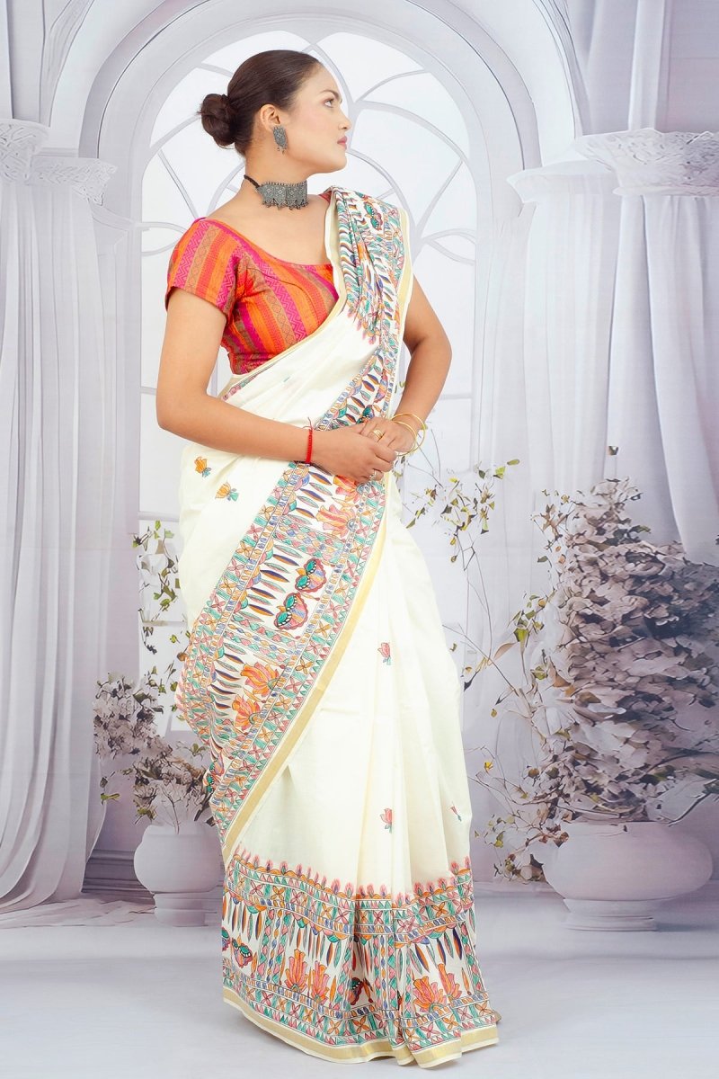 Ivory Elegance Madhubani Hand - Painted Kerala Cotton Saree – Divine Maa Durga Motif with Lotus Buttis - swadeshsouq.com