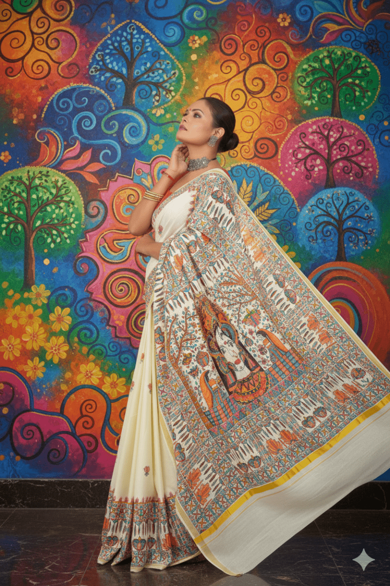 Ivory Elegance Madhubani Hand - Painted Kerala Cotton Saree – Divine Maa Durga Motif with Lotus Buttis - swadeshsouq.com