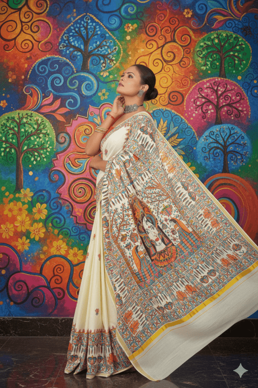 Ivory Elegance Madhubani Hand - Painted Kerala Cotton Saree – Divine Maa Durga Motif with Lotus Buttis - swadeshsouq.com